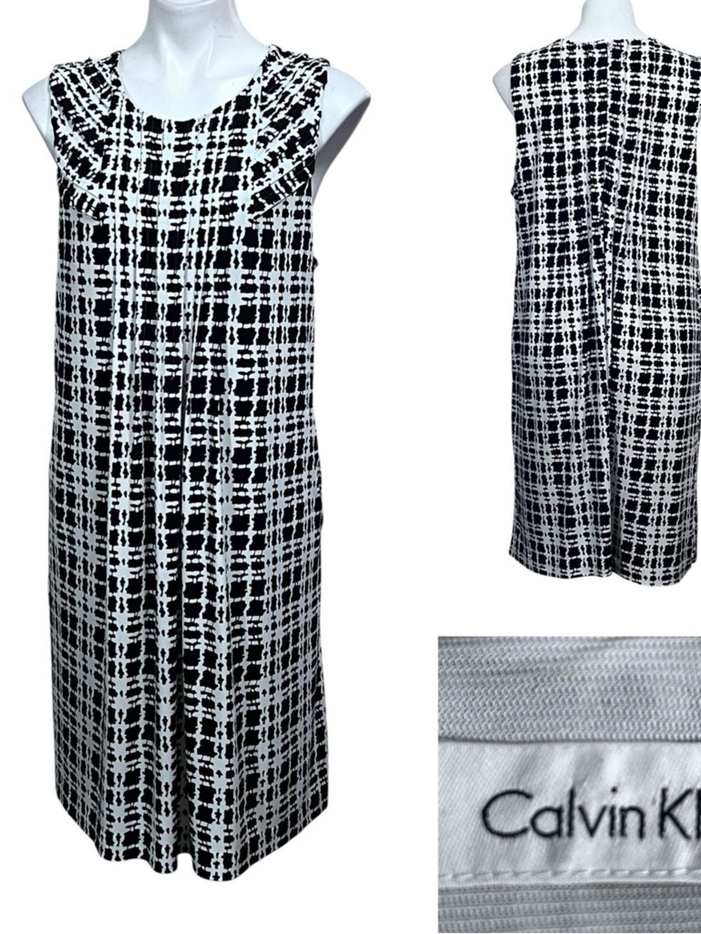 Calvin Klein dress‎ plus size 1x/2x Black/White Grid-Print Sleeveless Shift